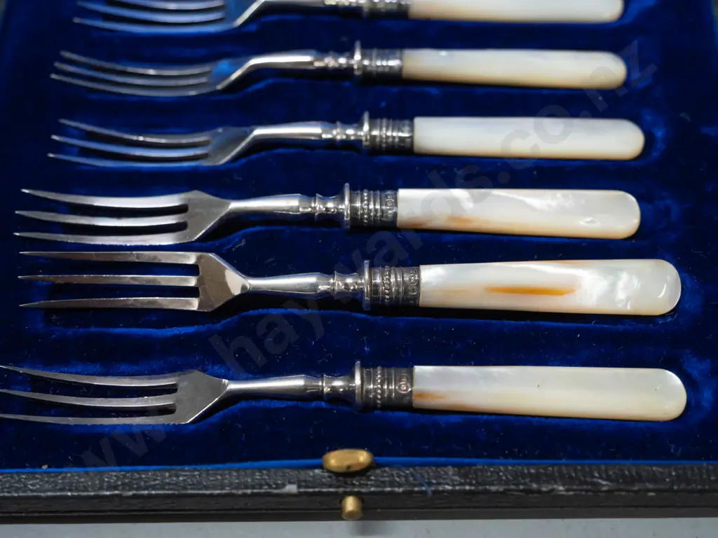 cased set of 6 pickle forks L-130 with mother of pearl handles, hallmarked sterling silver collars - case marked Image 1++