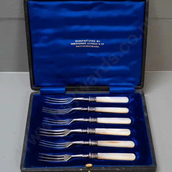 cased set of 6 pickle forks L-130 with mother of pearl handles, hallmarked sterling silver collars - case marked