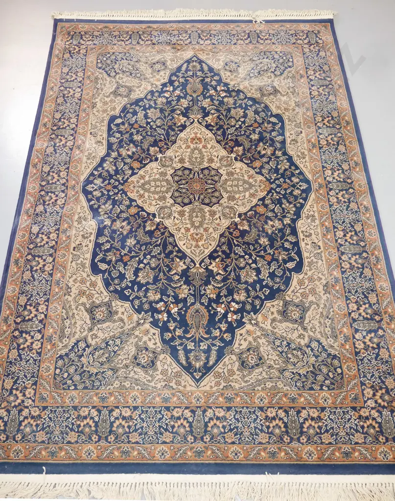 Persian style wool floor rug in blues and browns - some areas of fading L-2350 W-1600 Image 1++