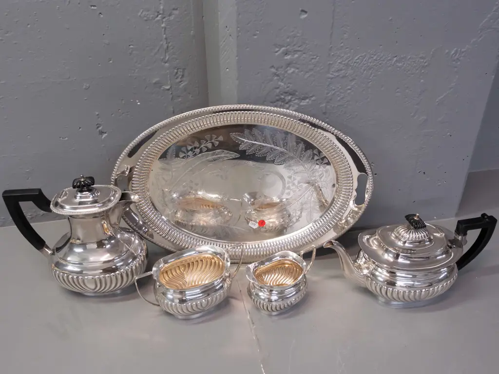 vintage plated ware - teapot, hot water or coffee pot, cream & sugar with cutout-handled tray - bakelite handles, fluted Image 1++