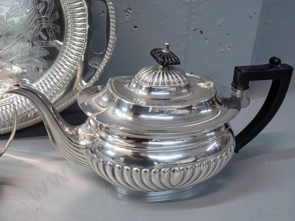 vintage plated ware - teapot, hot water or coffee pot, cream & sugar with cutout-handled tray - bakelite handles, fluted Image 1++