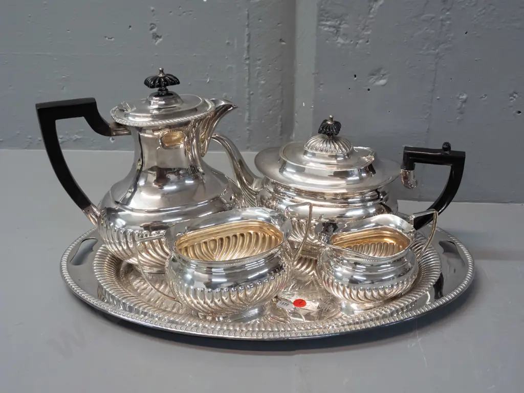 vintage plated ware - teapot, hot water or coffee pot, cream & sugar with cutout-handled tray - bakelite handles, fluted Image 1++