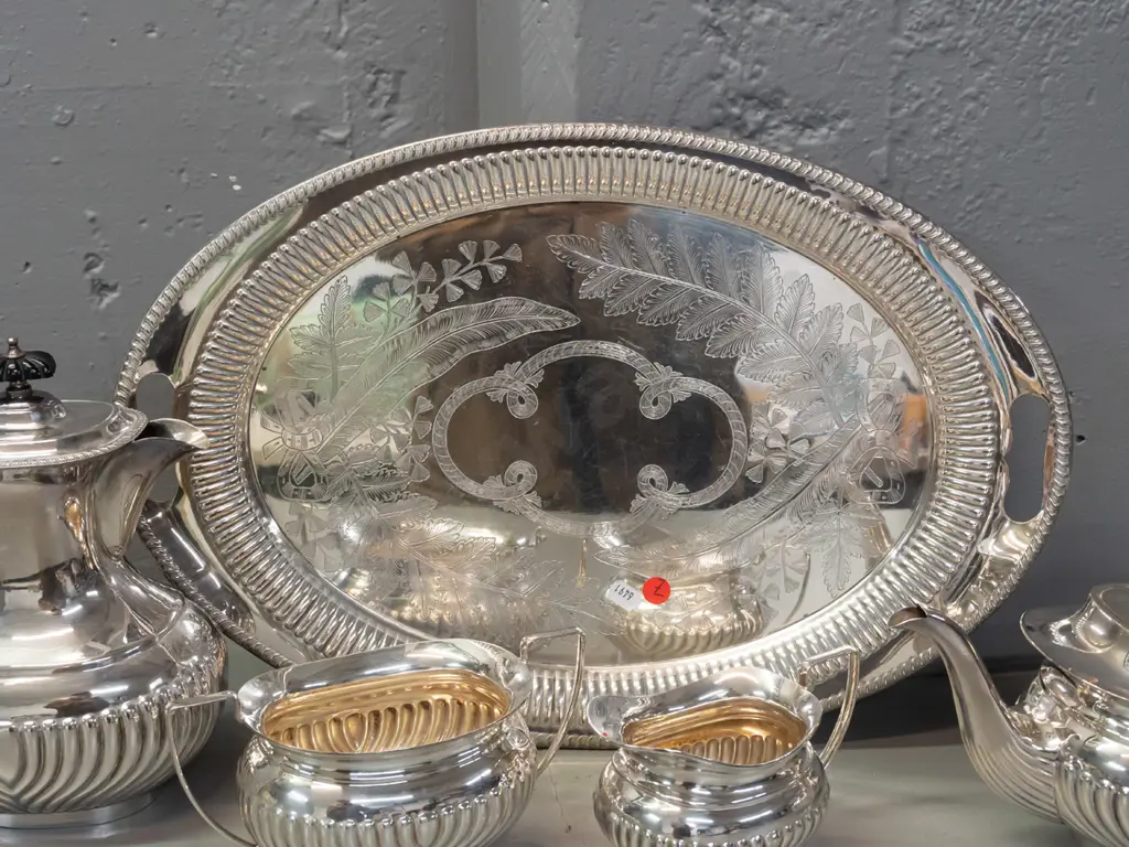 vintage plated ware - teapot, hot water or coffee pot, cream & sugar with cutout-handled tray - bakelite handles, fluted Image 1++