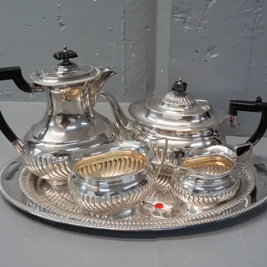 vintage plated ware - teapot, hot water or coffee pot, cream & sugar with cutout-handled tray - bakelite handles, fluted