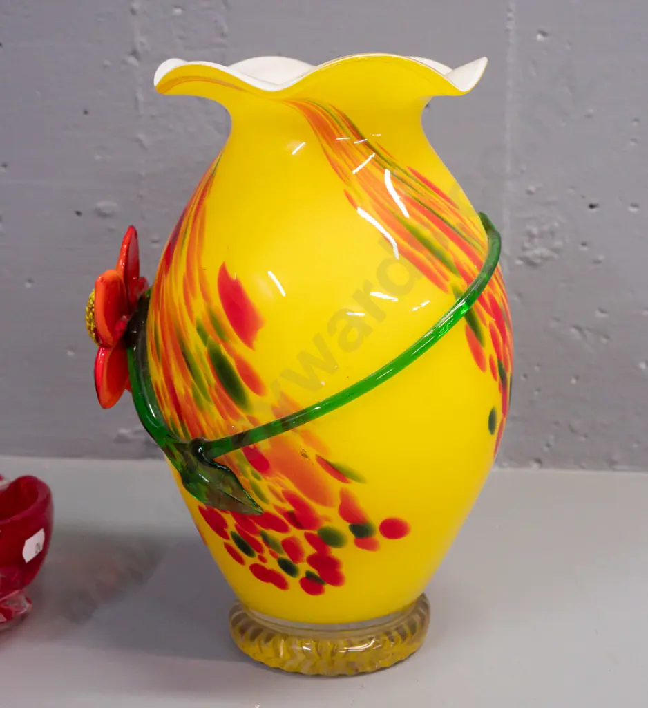 2 pieces of colourful glass - yellow over white and clear base frilled rim vase with applied floral decoration H-255 Image 1++