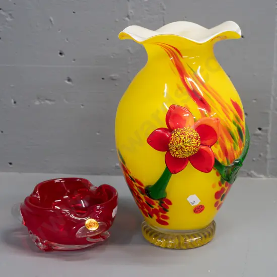 2 pieces of colourful glass - yellow over white and clear base frilled rim vase with applied floral decoration H-255