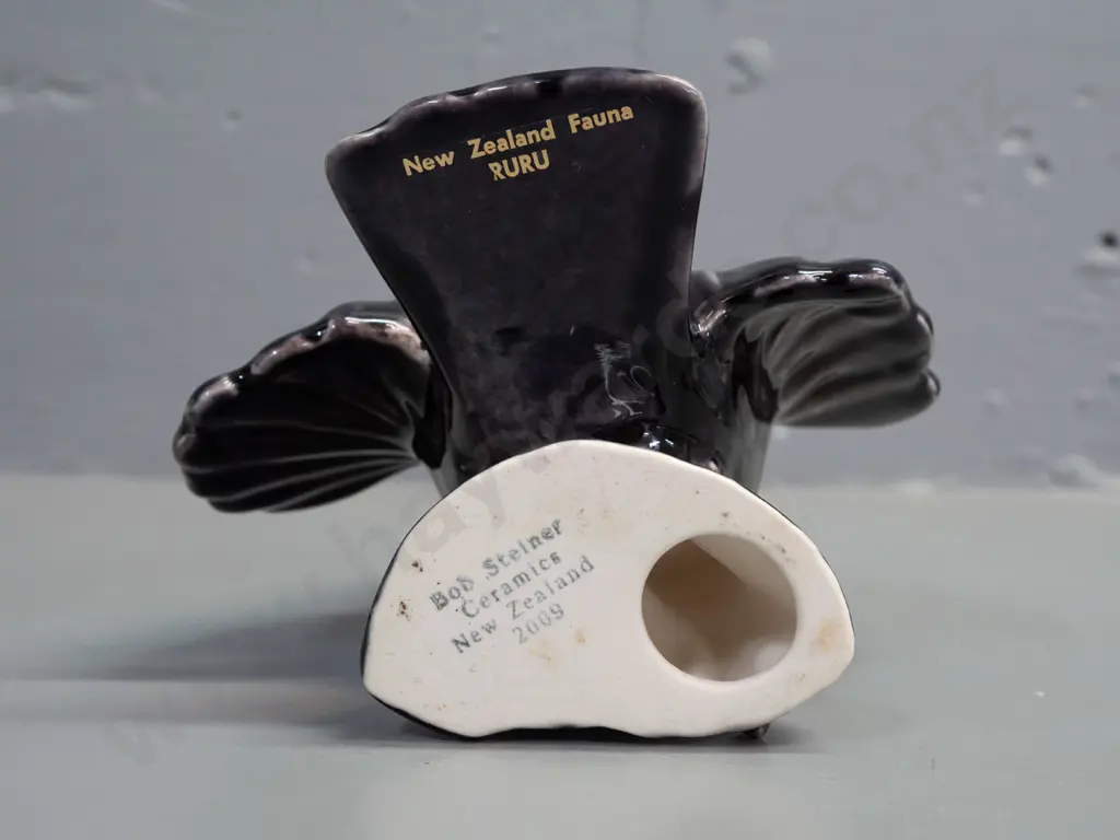 Bob Steiner Ceramics New Zealand pottery Ruru figure, dated 2009 - dark purple glaze H-160 Image 1++