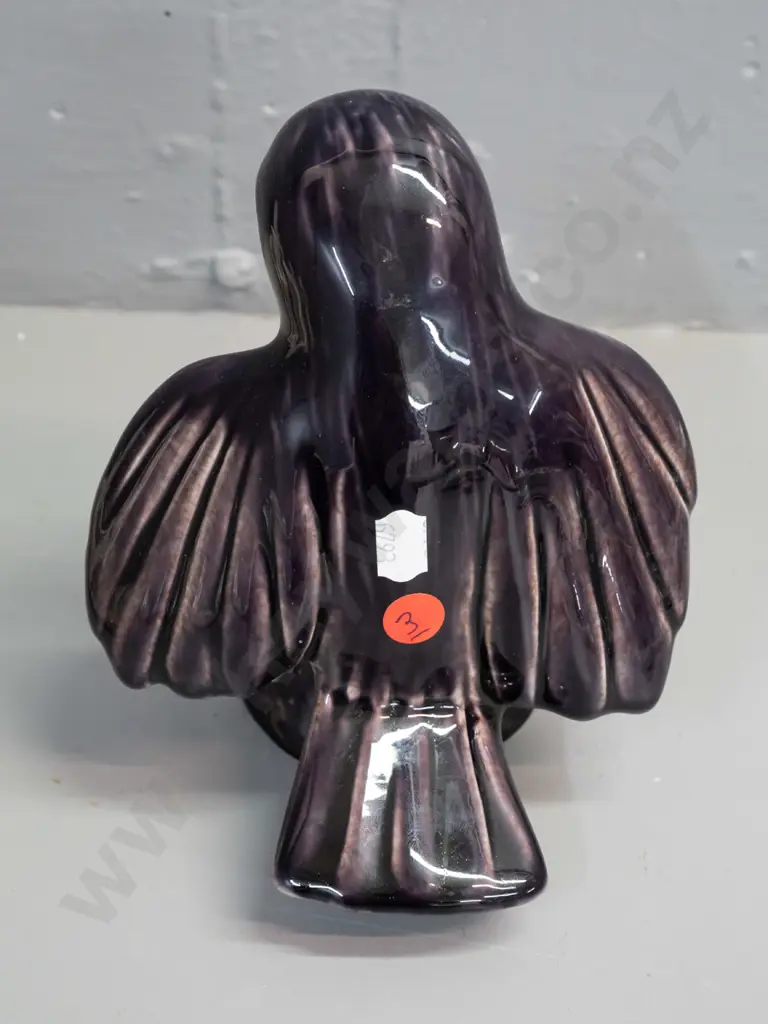 Bob Steiner Ceramics New Zealand pottery Ruru figure, dated 2009 - dark purple glaze H-160 Image 1++