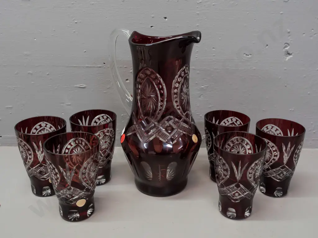 Romanian cut glass water set - jug and 6 tumblers, dark cranberry red over clear - jug H-245 Image 1++