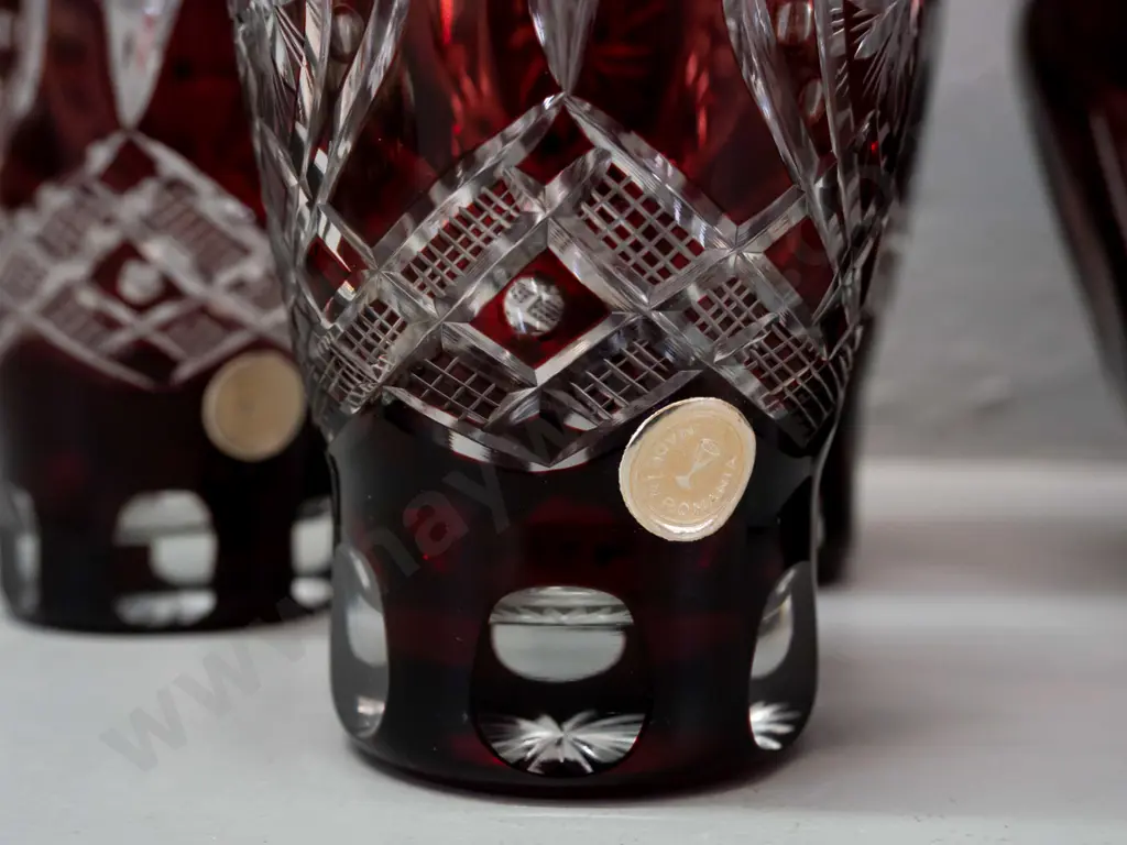 Romanian cut glass water set - jug and 6 tumblers, dark cranberry red over clear - jug H-245 Image 1++