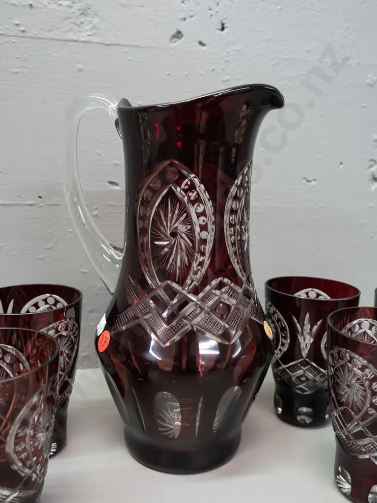 Romanian cut glass water set - jug and 6 tumblers, dark cranberry red over clear - jug H-245 Image 1++
