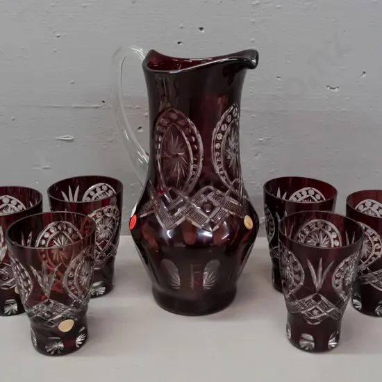 Romanian cut glass water set - jug and 6 tumblers, dark cranberry red over clear - jug H-245