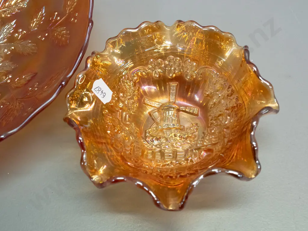 4 marigold carnival glass footed dishes - smallest one has windmill motif. Widest is H-60 W-220 Image 1++