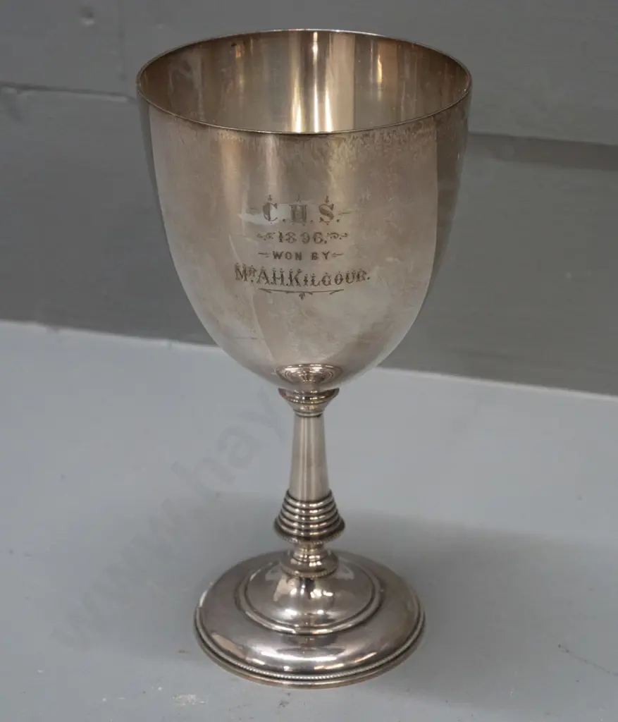 vintage silver presentation goblet, engraved C.H.S. - 1896 - Won by Mr A.H. Kilgour, unknown marks on base, see photos, Image 1++