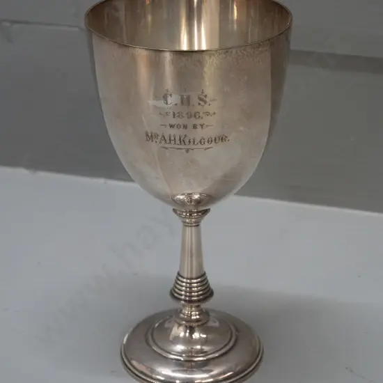 vintage silver presentation goblet, engraved C.H.S. - 1896 - Won by Mr A.H. Kilgour, unknown marks on base, see photos,