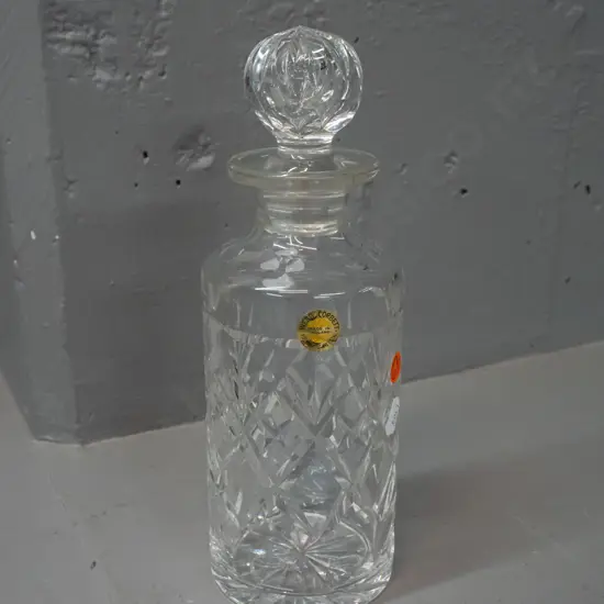 Webb-Corbett cut crystal stoppered decanter, with label - some pen marks need cleaning off H-260