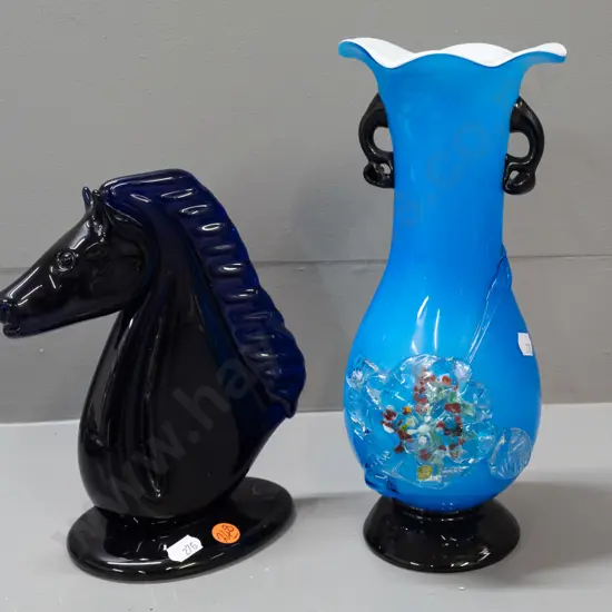2 glass items - dark blue horse bust ornament with Bristol Blue Glass Henbury label and a rustically finished vase -