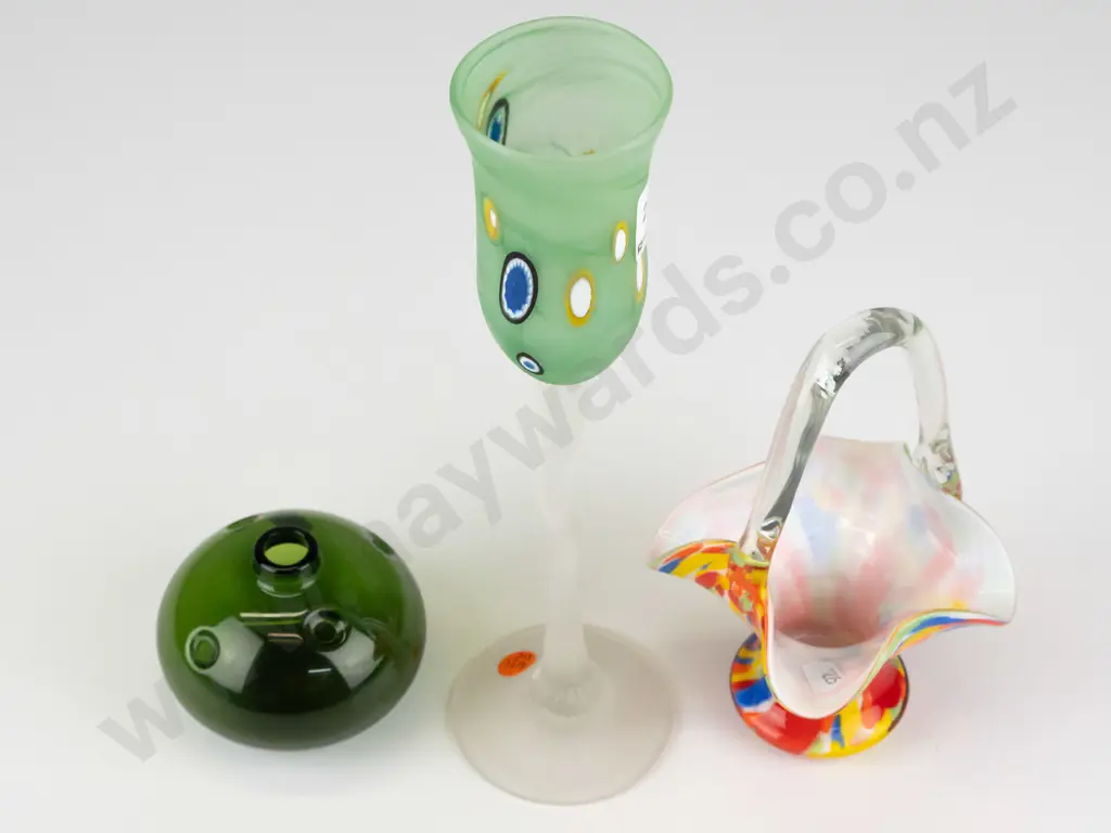 3 art glass items -  squat green bud vase, mottled basket with clear handle and a goblet H280 Image 1++
