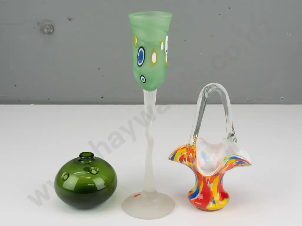 3 art glass items -  squat green bud vase, mottled basket with clear handle and a goblet H280 Image 1++