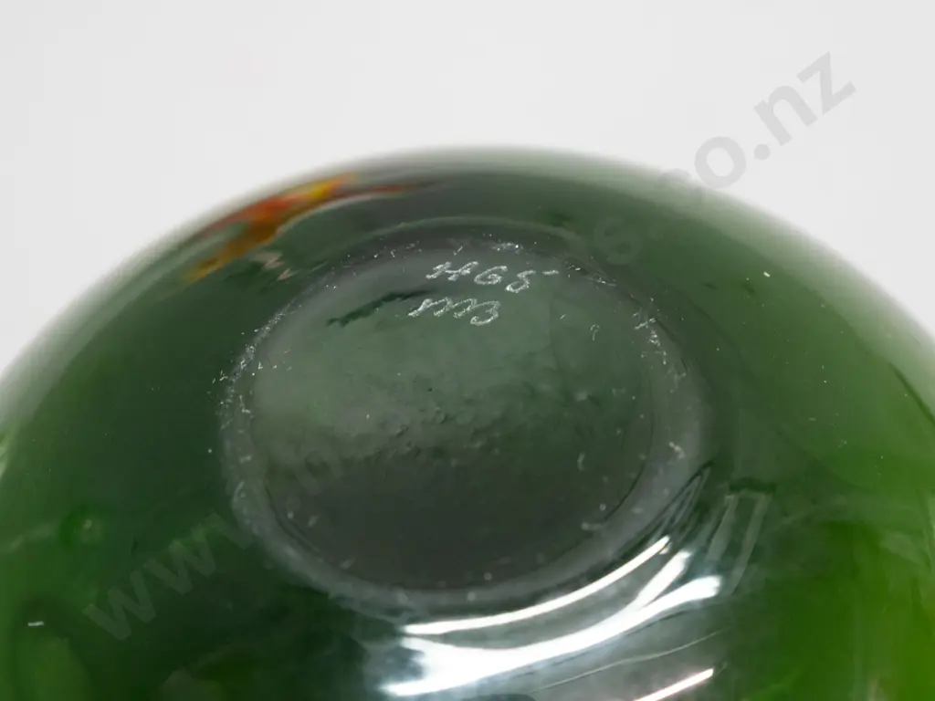 3 art glass items -  squat green bud vase, mottled basket with clear handle and a goblet H280 Image 1++