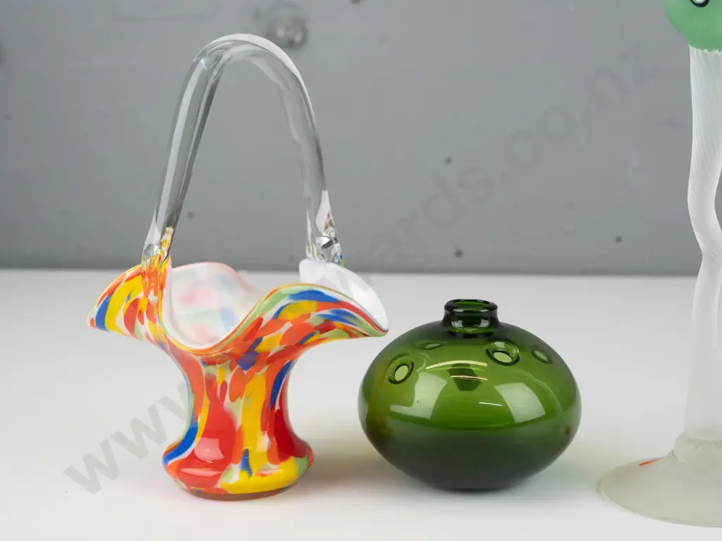 3 art glass items -  squat green bud vase, mottled basket with clear handle and a goblet H280 Image 1++