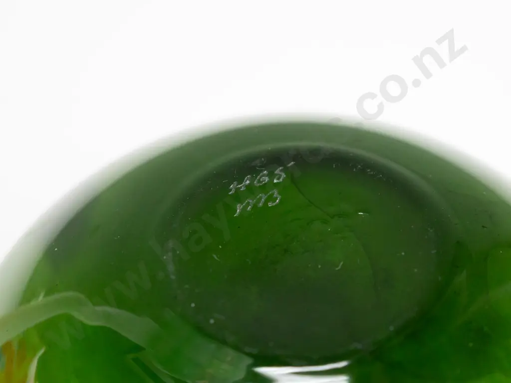 3 art glass items -  squat green bud vase, mottled basket with clear handle and a goblet H280 Image 1++