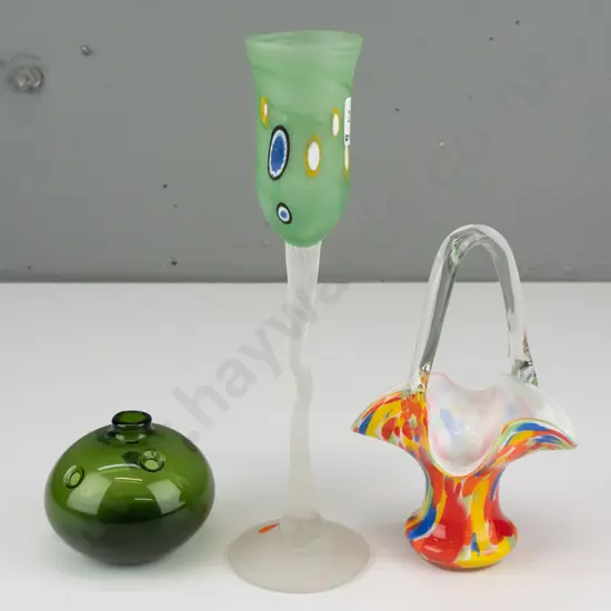 3 art glass items -  squat green bud vase, mottled basket with clear handle and a goblet H280