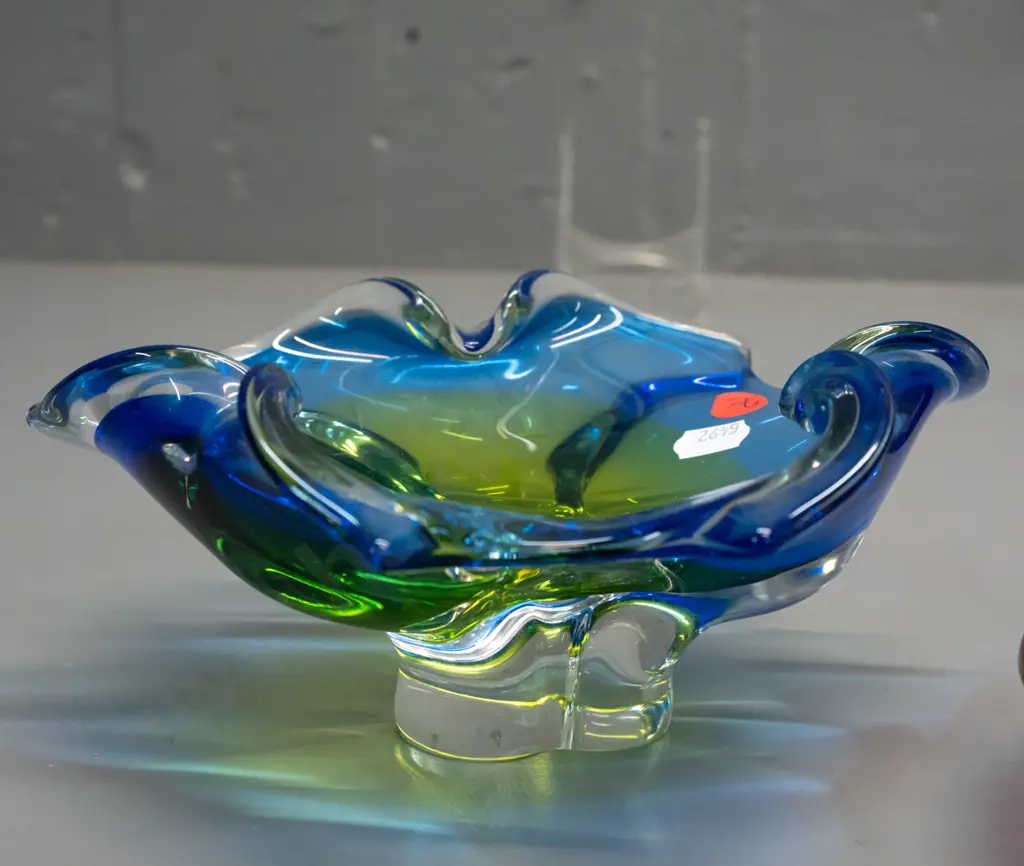 2 heavy art glass pieces - Bohemian petal shaped bowl blue, green & clear H-90 D-210 and cranberry coloured ashtray Image 1++