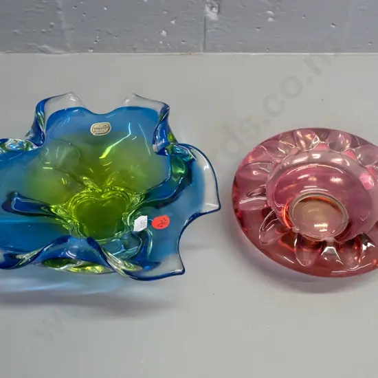2 heavy art glass pieces - Bohemian petal shaped bowl blue, green & clear H-90 D-210 and cranberry coloured ashtray
