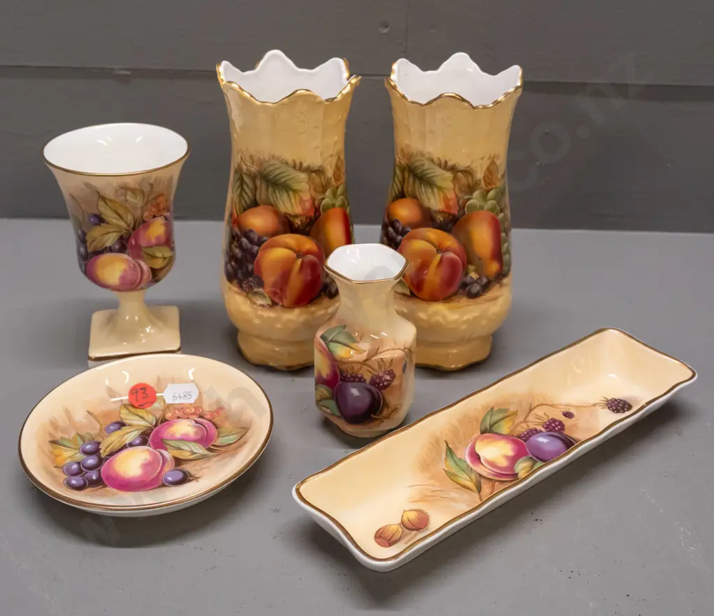 6 pieces of Aynsley Orchard Gold china including 3 vases, urn, 2 dishes - vase pair is H-160 Image 1++
