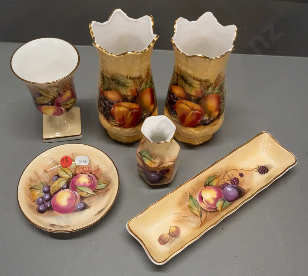 6 pieces of Aynsley Orchard Gold china including 3 vases, urn, 2 dishes - vase pair is H-160 Image 1++