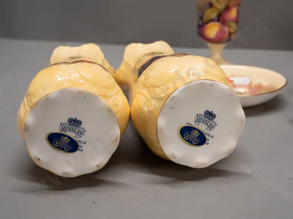 6 pieces of Aynsley Orchard Gold china including 3 vases, urn, 2 dishes - vase pair is H-160 Image 1++