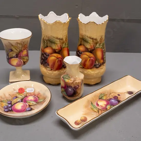 6 pieces of Aynsley Orchard Gold china including 3 vases, urn, 2 dishes - vase pair is H-160