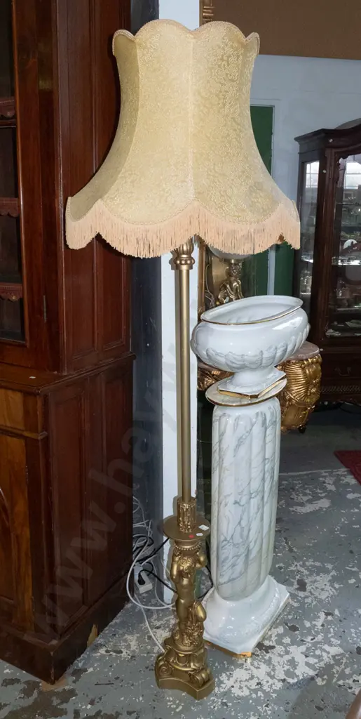 retro standard lamp with rococo style cherub in gold finish metal and moulded composite with tasseled waisted shade = Image 1++