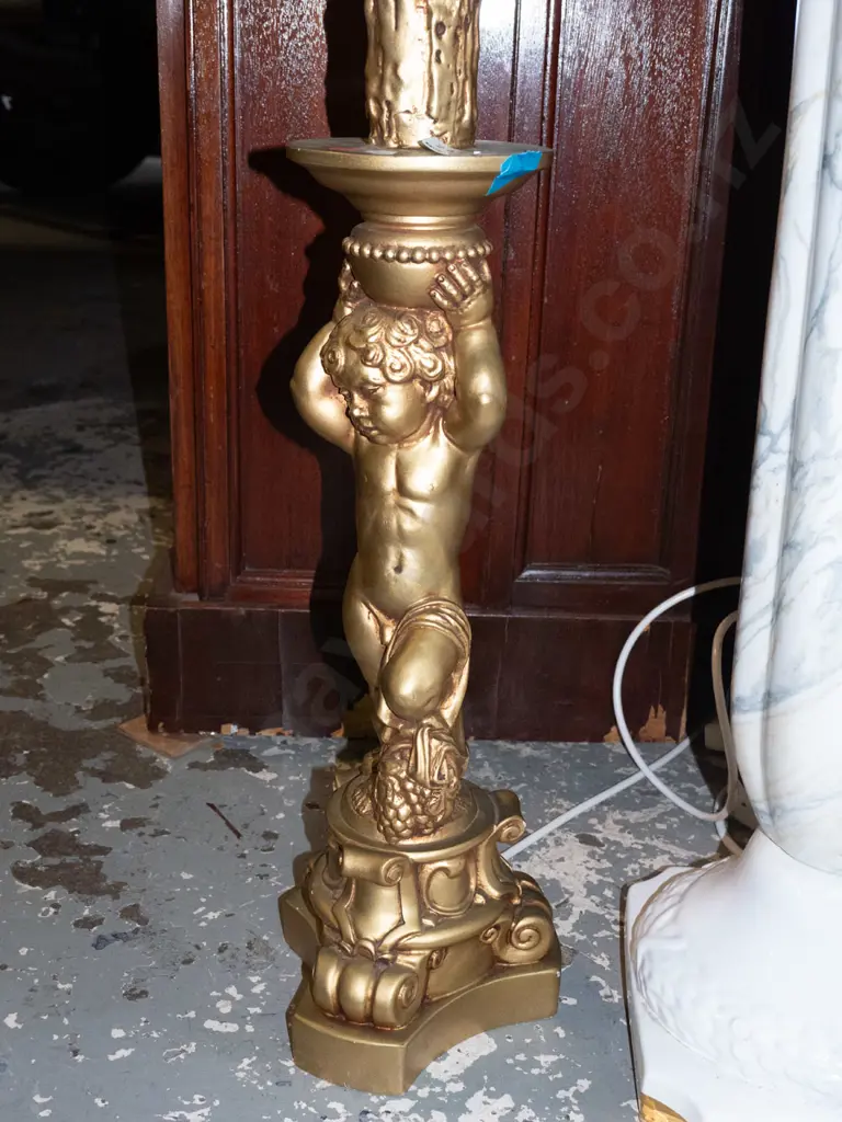 retro standard lamp with rococo style cherub in gold finish metal and moulded composite with tasseled waisted shade = Image 1++