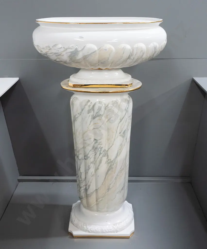 oval jardiniere and matching oval profile fluted stand, both w/ marbled glaze and gilded rims, has residue Image 1++