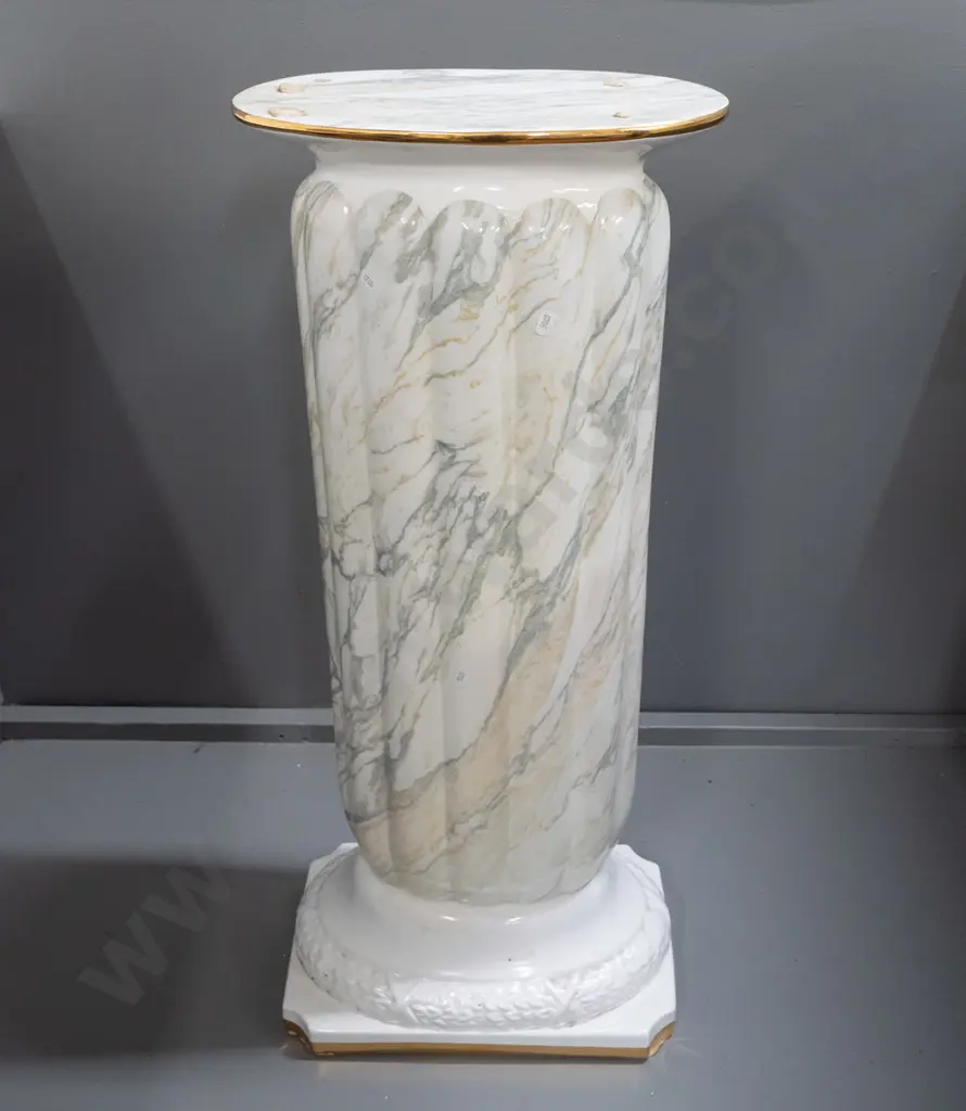 oval jardiniere and matching oval profile fluted stand, both w/ marbled glaze and gilded rims, has residue Image 1++