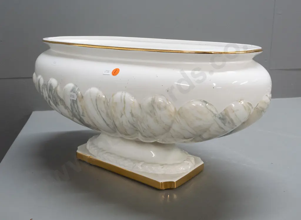 oval jardiniere and matching oval profile fluted stand, both w/ marbled glaze and gilded rims, has residue Image 1++