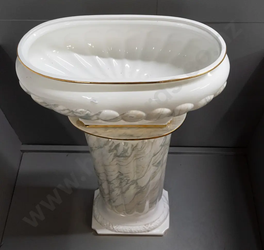 oval jardiniere and matching oval profile fluted stand, both w/ marbled glaze and gilded rims, has residue Image 1++