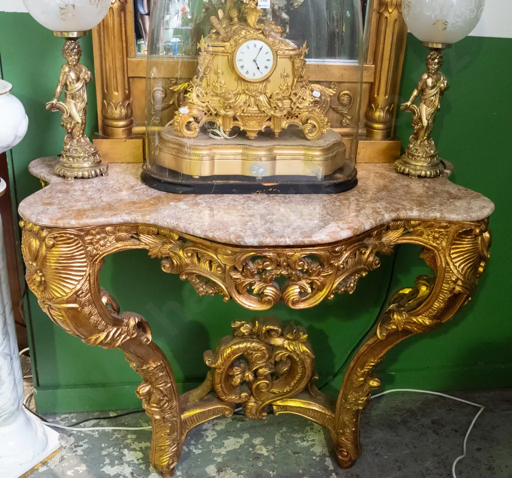 very large gilt finish combination wall mirror and marble topped hall table, with ornately carved figural legs, Image 1++