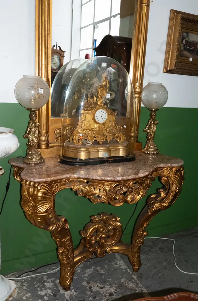 very large gilt finish combination wall mirror and marble topped hall table, with ornately carved figural legs, Image 1++