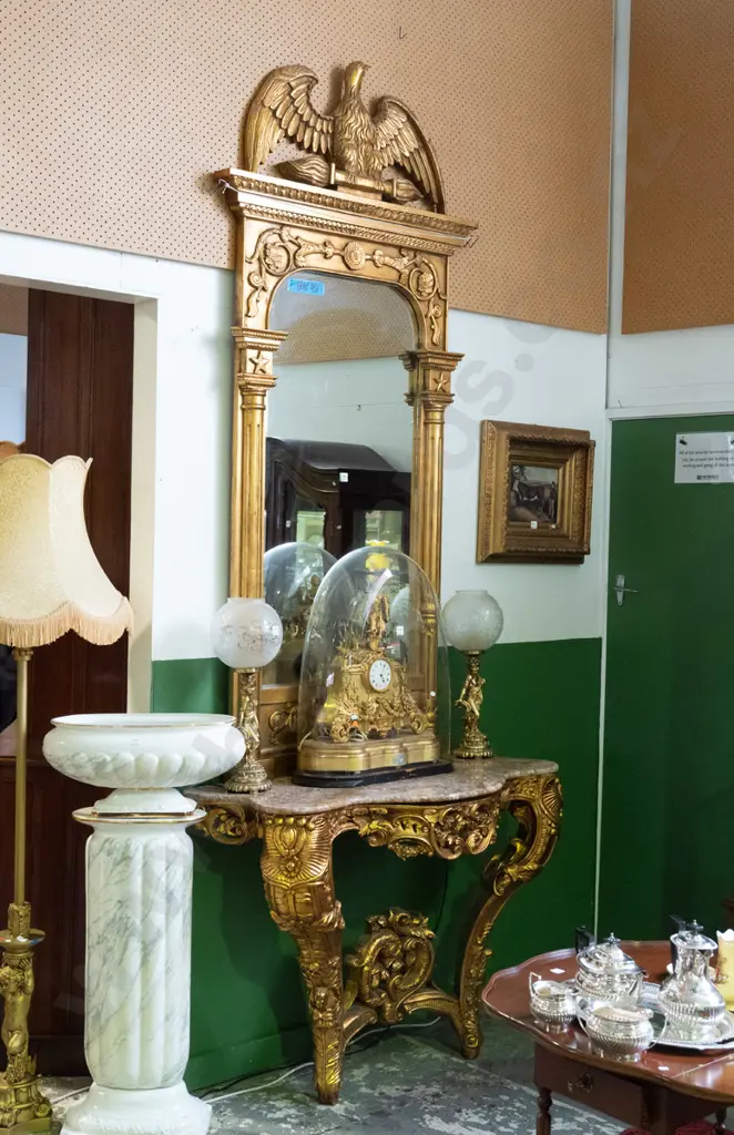 very large gilt finish combination wall mirror and marble topped hall table, with ornately carved figural legs, Image 1++