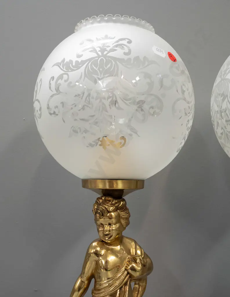 pair of rococo-style figural table lamps in gold finish with frilled-rim globe shades H-525 Shade D-190 Image 1++