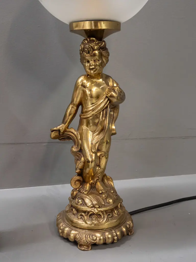 pair of rococo-style figural table lamps in gold finish with frilled-rim globe shades H-525 Shade D-190 Image 1++