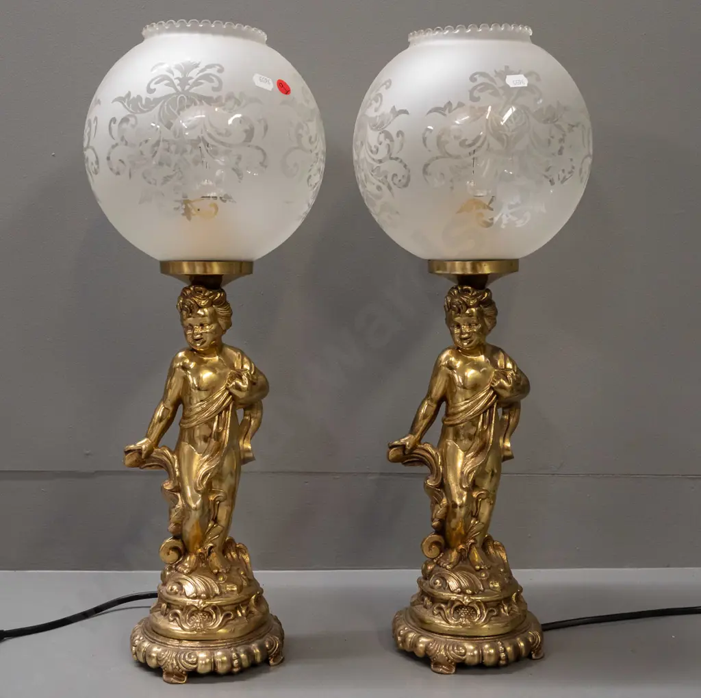 pair of rococo-style figural table lamps in gold finish with frilled-rim globe shades H-525 Shade D-190 Image 1++