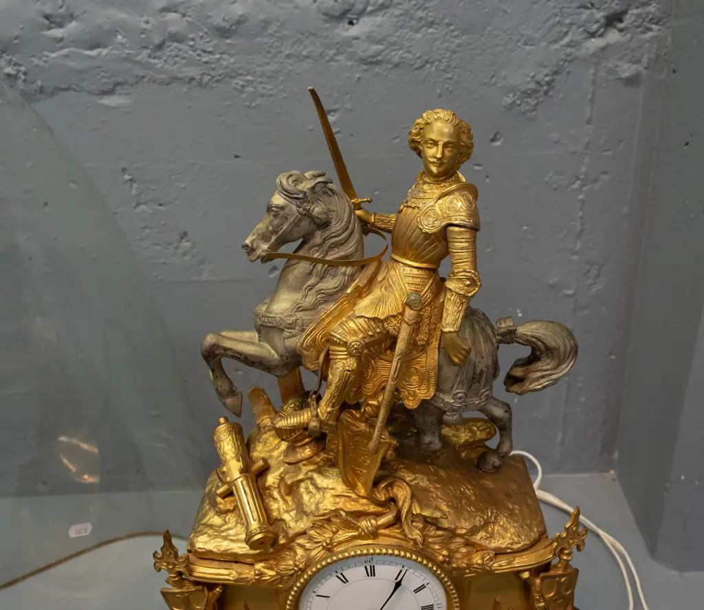 vintage ornate brass and gilded cast metal clock on gilded plaster base, on Victorian glass-domed timber base not Image 1++