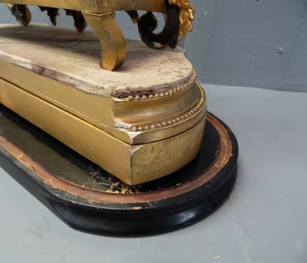 vintage ornate brass and gilded cast metal clock on gilded plaster base, on Victorian glass-domed timber base not Image 1++