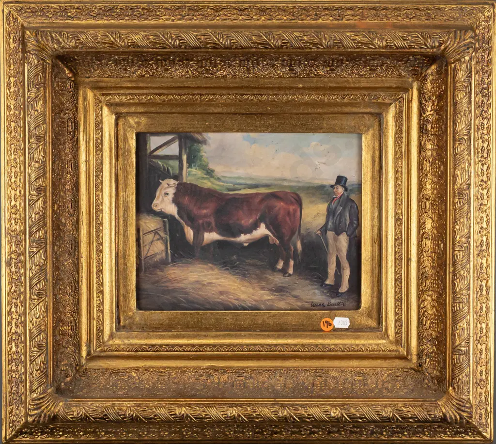 Lucas Beattie - gilt framed oil on board - man in top hat & prize bull H190 W240 (aging to paint) Image 1++