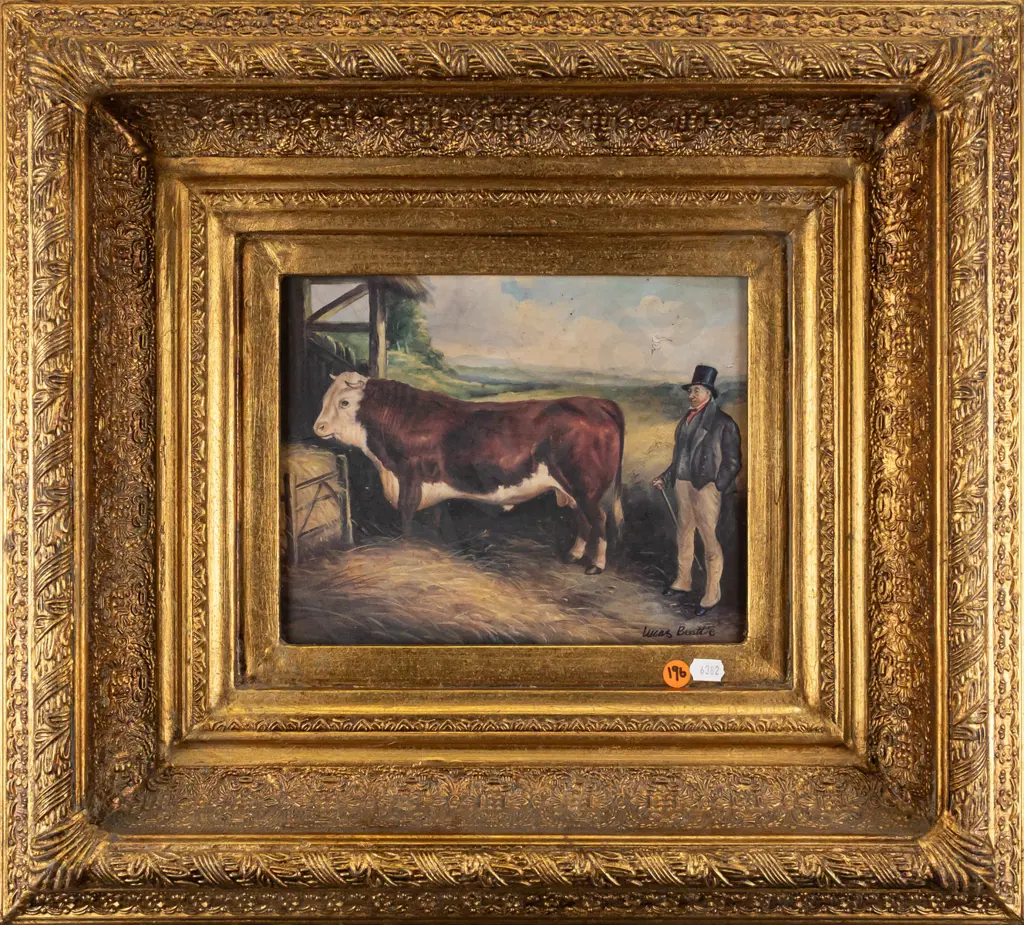 Lucas Beattie - gilt framed oil on board - man in top hat & prize bull H190 W240 (aging to paint) Image 1++