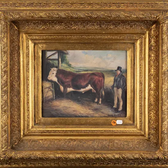 Lucas Beattie - gilt framed oil on board - man in top hat & prize bull H190 W240 (aging to paint)